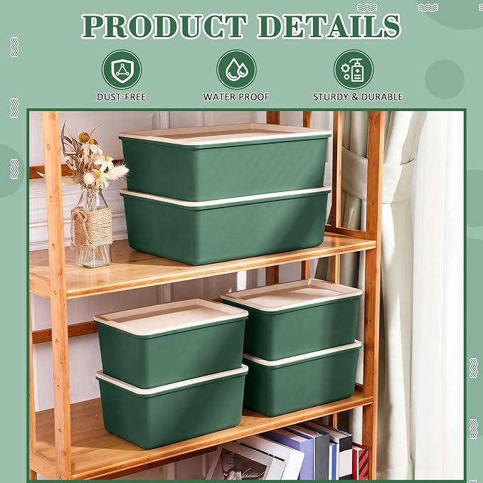6 Pcs Large and Small Plastic Storage Bins with Lids 14.4 x 10.4 x 5.1 Inch Stackable Storage Containers Decorative Cubby Organizer for Clothes Shelves Garage Closet Office(Green) - Image 4