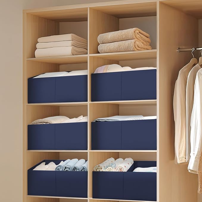 DIMJ Large Closet Shelf Organizer Bins 8Packs with Handles and Divider, Fabric Trapezoid Storage Baskets, Foldable Clothes Containers Box for Shelf, Towel, Book, Toy, Purse, Hats, Navy Blue - Image 5