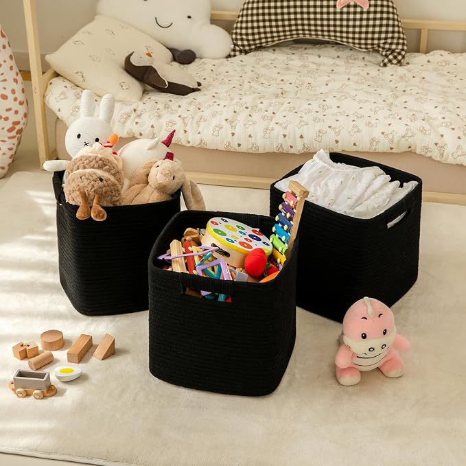 OIAHOMY Storage Cubes 11 Inch Storage Bins-3-Pack, Cotton Rope Woven Baskets for Organizing, Square Storage Baskets for Shelves Organizer, Classroom, Kids Toy Bins, Closet, Baby Nursery-Black - Image 2