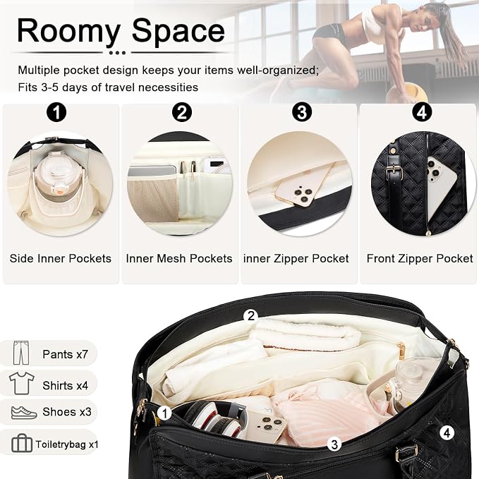 Weekender Bag Overnight Bags for Women,Duffel Bags for Travel Gym with Shoe Compartment with Toiletry Bags, Large Carry On Hospital Bag for Women Weekend,Getaway,Sport,Workout (Black) - Image 3