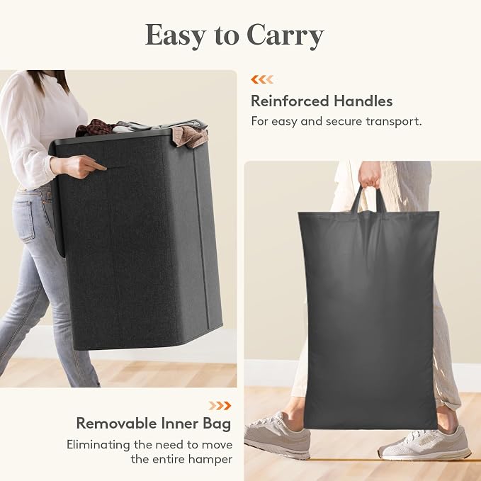 Lifewit 165L 3 Section Laundry Hamper with Lid, Laundry Basket, Dark Gray | Large Foldable Laundry Sorter with 3 Removable Bags, Tall Clothes Hamper for Bedroom and Bathroom - Image 6