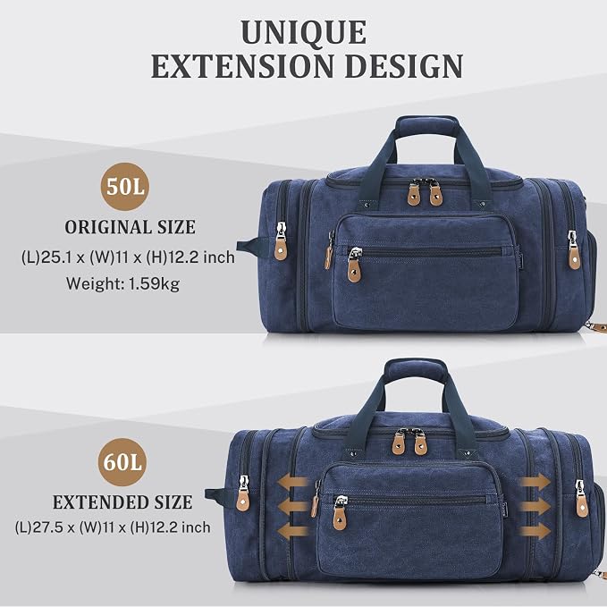 Gonex Canvas Duffle Bag, Expandable 60L Travel Overnight Weekender Bag | for Men, with Shoe Compartment, Multiple Pockets, Tear-Resistant, Durable Zippers, Detachable Strap, Blue - Image 4