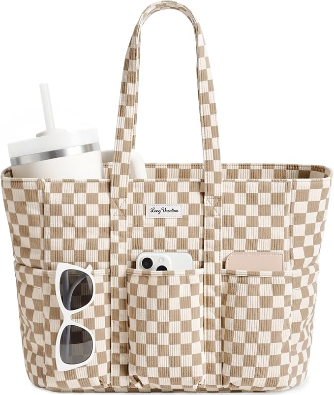 LONG VACATION Corduroy Tote Bag for Women, 16 Pockets Large Work Laptop Bag | 15.6" Laptop Compartment, 40oz Cup Holder, Lightweight, Washable, Teacher Nurse Bag for Office School Travel Gym College by LONGVACATION