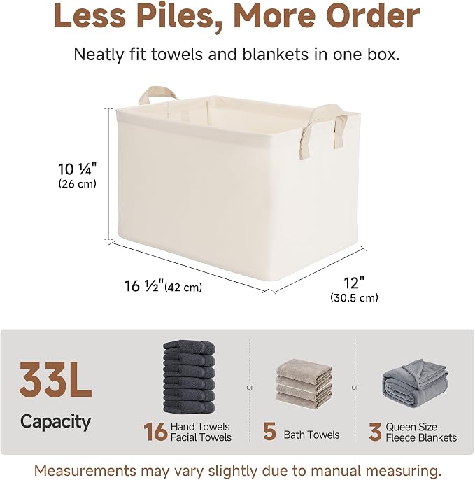 StorageWorks Fabric Storage Bins, Storage Basket for Shelves, Beige, 2-Pack | With PU Handles, Wrinkle-Resistant Cottlyn Fabric, Foldable, For Bedroom, Bathroom, Laundry, Holds Clothes, Towels, Blankets - Image 2