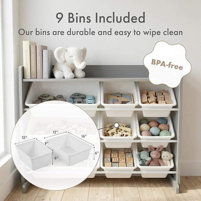 Humble Crew Kids Toy Organizer with Display Shelf, 9 Bins, 3 Tier Storage | Sturdy wood and steel toddler shelf, removable BPA-free containers, wall anchor anti-tip safety kit for bedroom or classroom - Image 5