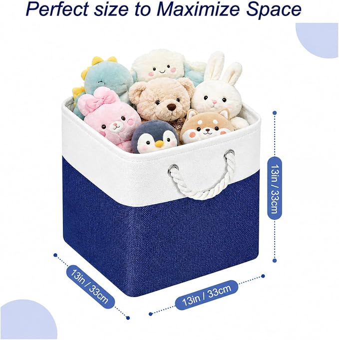 Fabric Storage Cubes 13 x 13, Collapsible Storage Bins for Shelf Baskets, Cube Storage Organizer White Navy Bins with Cotton Handles,Foldable Storage Bin box,Cube Storage Bin 6 Pack - Image 2