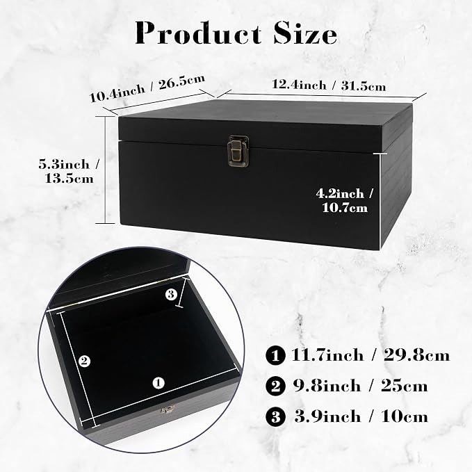 Large Wooden Keepsake Storage Box with Lid for Wedding Treasure Decorative | 10.4x12.4x5.3 Inches can Hold 8.5x11 Certificates Photos Baby Keepsakes, Black Stash Case with Black Velvet Base - Image 4