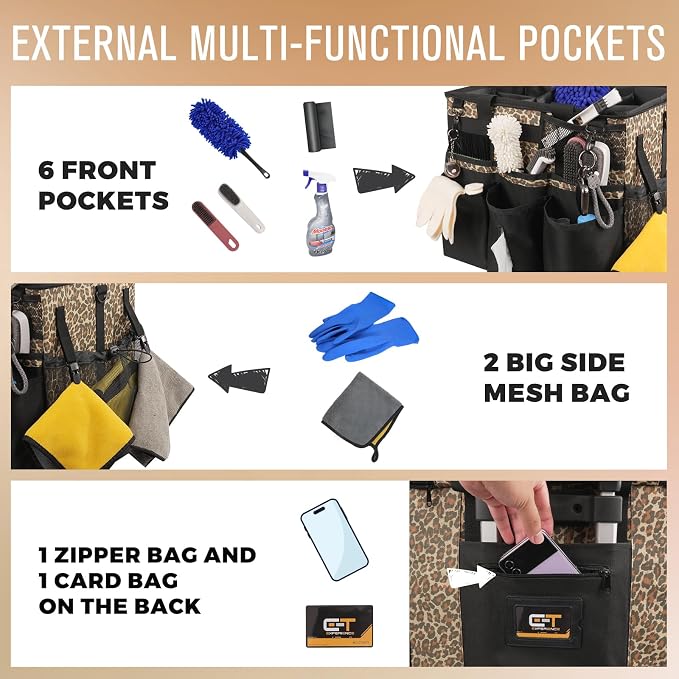 SCAVATA Rolling Cleaning Caddy Bag with Detachable Trolley & Wheels | Large Cleaning Supply Organizer, Portable Multi-Pocket Cleaning Cart for Housekeeper, Adjustable Shoulder Strap, Leopard - Image 2