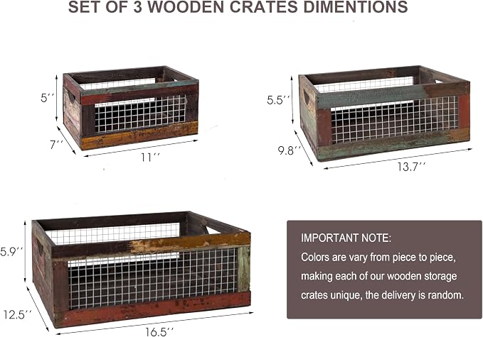 TIMRIS Set of 3 Rustic Wood Nesting Crates, Farmhouse Distressed Wooden Storage Boxes, Decorative Reclaimed Wood Organizer Baskets with Wire Mesh (Random) - Image 5