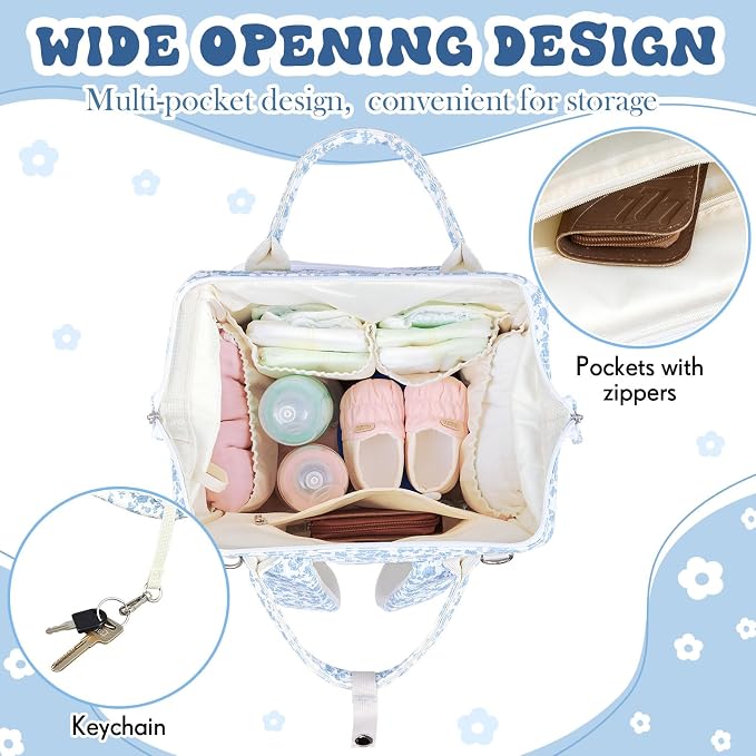 Blue Corduroy Floral Diaper Bag Backpack for Mom Large Capacity Multifunction Travel Backpack for Women, Cute Diaper Bag - Image 5