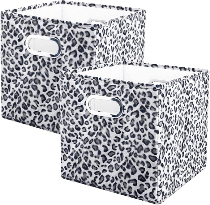 ANMINY Leopard Cheetah Print Storage Cubes Bins, Velvet, Gray, 11Inch 2PCS | Collapsible & Washable, PP Board Frame, Built-in Metal Handles, Animal Themed Fabric Cubes Baskets for Closet Shelves Decor by ANMINY