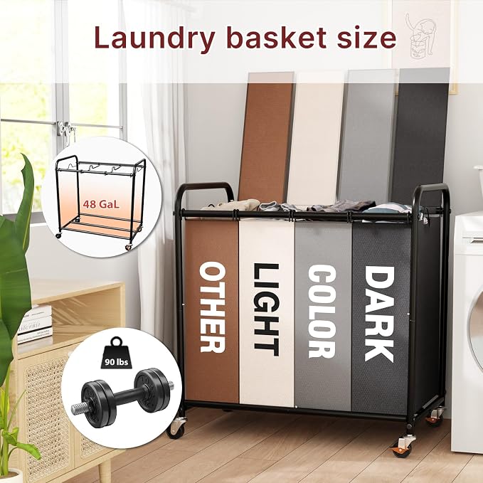 180L Laundry Sorter 4 Section with Lockable Wheels and Lid Multicolor | 4 Large Separate Removable Bag|Heavy Duty Rolling Laundry Basket|Laundry Hamper Cart for Laundry Room Organizer - Image 3