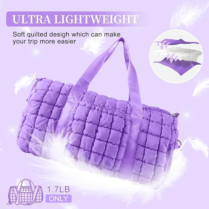 Quilted Travel Duffle Bag Gym Bag for Women,Large Puffer Duffle Weekender Bag with Compartment,Workout Overnight Carry on Organizer Bag Duffle Bag for Airplane Travel(L-Purple) - Image 6