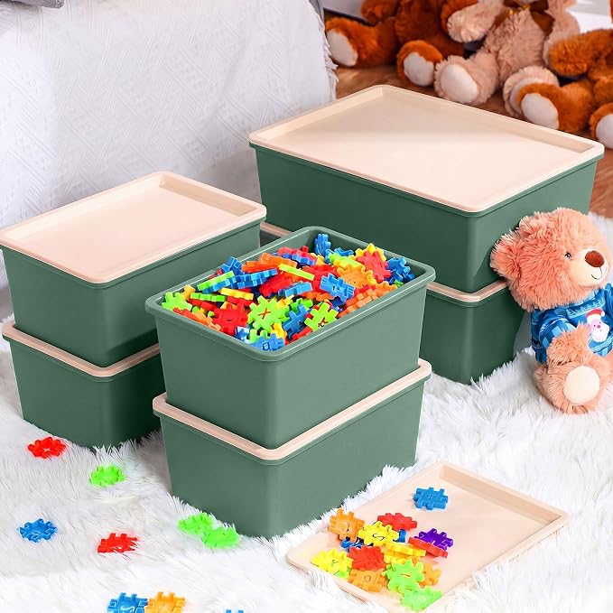 6 Pcs Large and Small Plastic Storage Bins with Lids 14.4 x 10.4 x 5.1 Inch Stackable Storage Containers Decorative Cubby Organizer for Clothes Shelves Garage Closet Office(Green) - Image 5