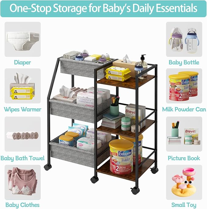Rolling Nursery Diaper Caddy Organizer Cart, 3-Tier with Dividers - Image 5