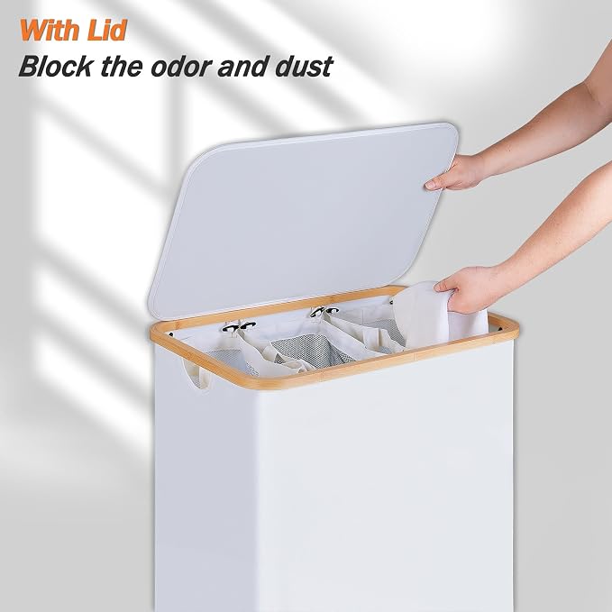 efluky Laundry Hamper with Lid, Trio Laundry Basket with 2 Removable Bags, 3 Section Laundry Bin with Bamboo Handles for Bathroom, Bedroom & Laundry Room, 160L (42.3 Gallon) White - Image 3