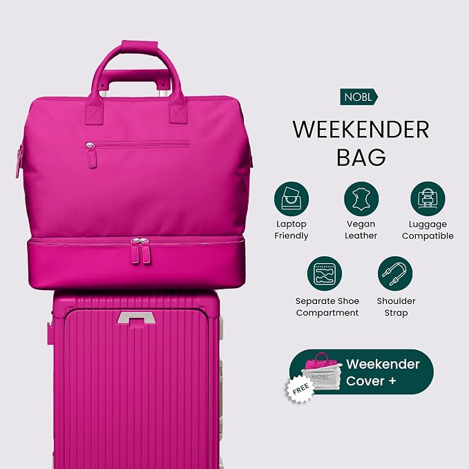 Nobl Travel Weekender Bag for Women & Men, Large Carry-On Duffel, Hot Pink | Leather Overnight Tote with Trolley Sleeve, Separate Shoe Compartment & Laptop Pocket for Airplane, Gym & Road Trips - Image 5