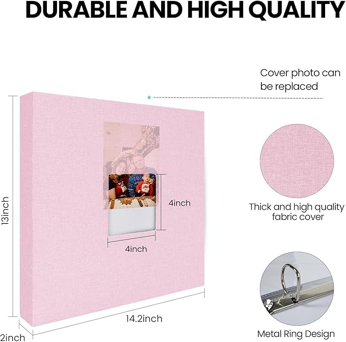 12x12 Inch Large 3 Ring Binder Scrapbook Photo Album, Linen Cover Scrap Book with 50 Plastic Sleeves 100 Pages 12 x 12 Scrapbooks White Pages for Wedding Baby Adventure Travel Women Kids (Pink) - Image 6