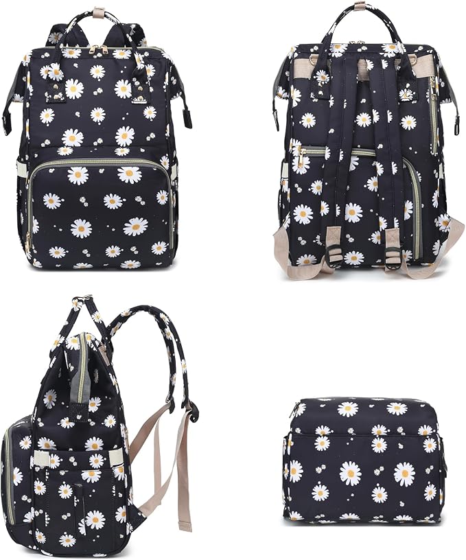 Daisy Baby Diaper Bag Backpack for Girls Boys, Waterproof Large Maternity Nappy Bags for Mom (Black) - Image 6