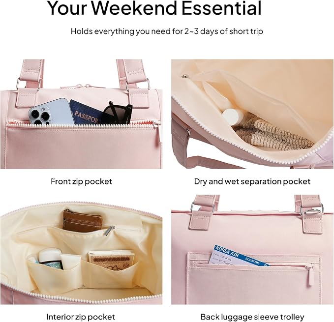 Travel Duffle Bag for Women, 40L Weekender Bags Airline Approved Carry On with Shoe Compartment & Waterproof Wet Pocket, Durable Nylon Weekender Overnight Bag for Travel, Gym, Business Trip, Pink - Image 5