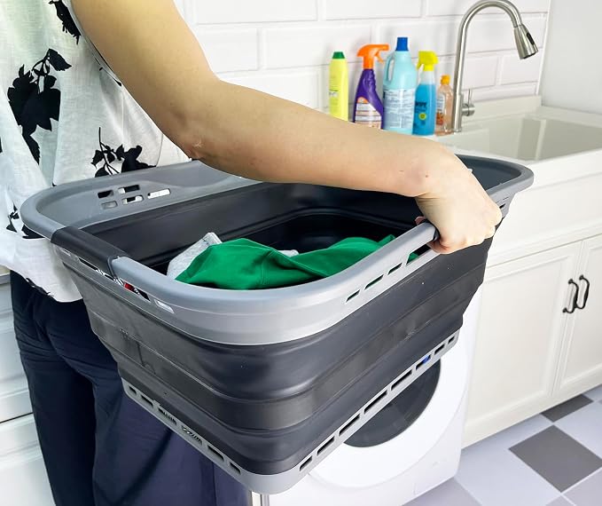 SAMMART Set of 2 Collapsible Plastic Storage Basket - Foldable Pop Up Storage Container - Portable Laundry Organizer - Space Saving Hamper (Grey/Black, 42L (Style A)) - Image 3