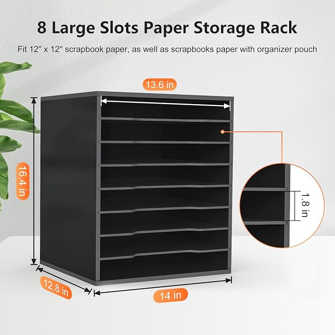 Krafetto Scrapbook Paper Storage Organizer Rack for Holding 12 x 12 Paper Storage Pouch, 8 Large Slots Desktop Papers Organizer Holder, File Sorter for Home Office School (Black) - Image 3