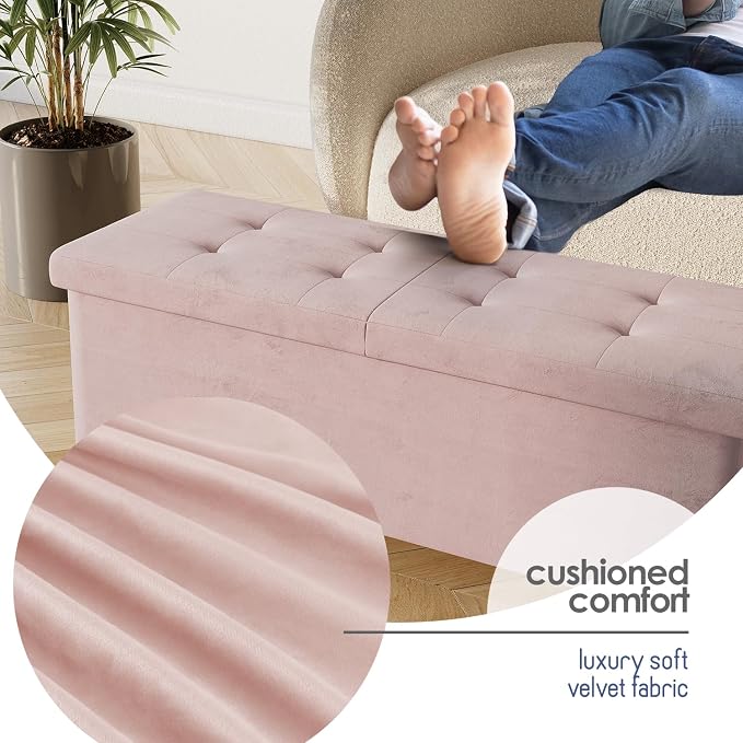 Storage Ottoman Bench with Bins, 43-in Storage Bench for Bedroom End of Bed, Folding Foot Rest Ottoman for Living Room Max 660lbs, Velvet Ottomans, Pink - Image 8