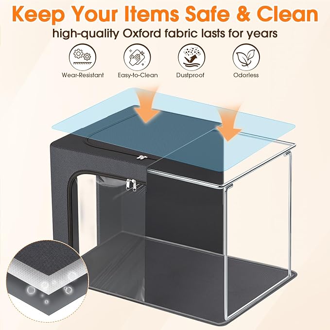 6 Pack Clothes Storage Bins with Metal Frame,40L Storage Bags Fabric Box Organizer with Clear Window,Zippers,Sturdy Handles(6 Pcs,Light Grey,40L) - Image 4