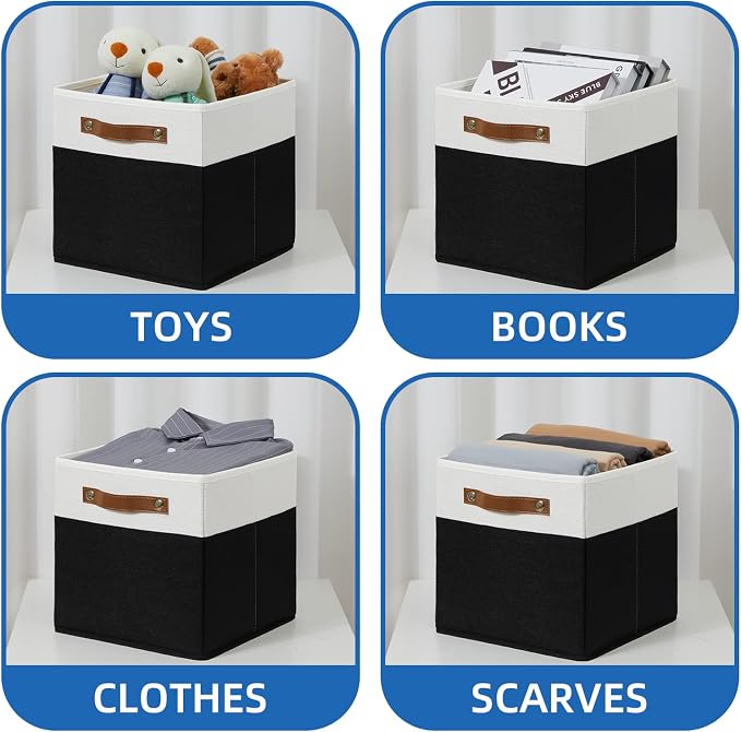 Temary 11 inch Cube Storage Bin 4 Pack Fabric Storage Cubes for Home, Fabric Storage Bin Storage Cube Bins with Leather Handles(White&Black) - Image 4