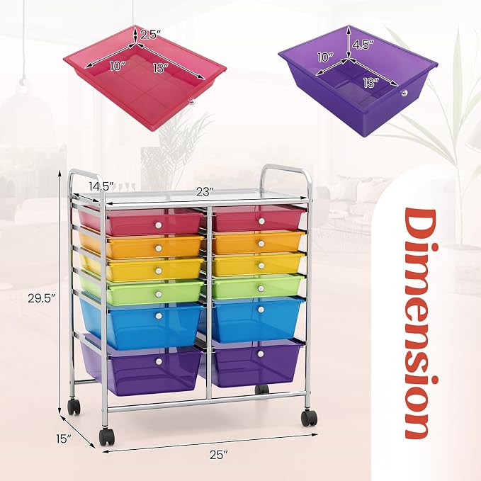 Moccha 12-Drawer Rolling Storage Cart - Utility Cart on Wheels with Lockable Casters for Craft Art Supply Paper Salon, Mobile Drawer Carts for Classroom Teacher School Office (Rainbow) - Image 3