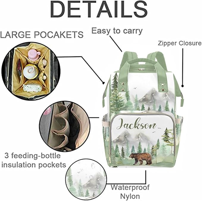 Custom Diaper Bag Backpack with Name Personalized Woodland Bear Nappy Bag for Mommy Mother's Day Gift Customized Adjustable Shoulders Nursing Bag Daypack - Image 5