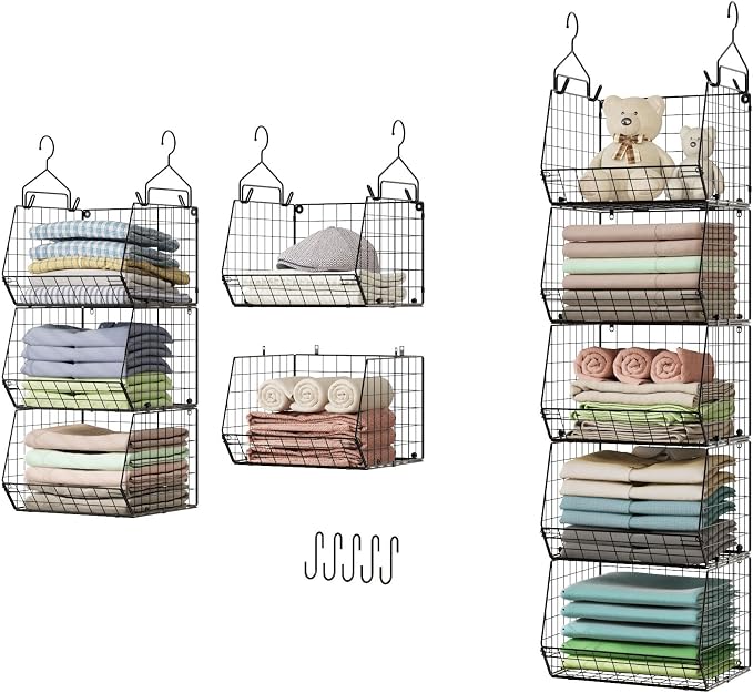 X-cosrack 5 Tier Closet Hanging Organizer, Clothes Hanging Shelves with 4 Hanging Hooks 5 S Hooks, Wire Storage Basket Bins, for Clothing Sweaters Shoes Handbags Clutches Accessories Patent Design by X-cosrack