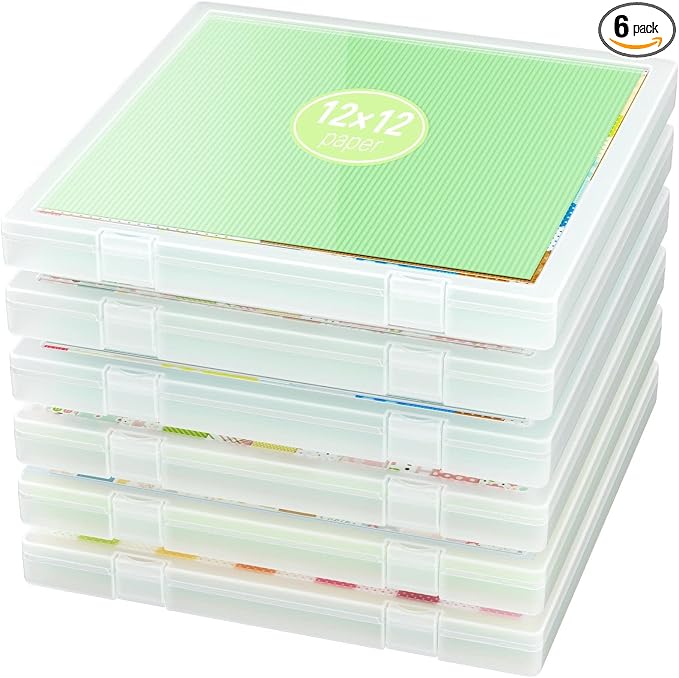 6-Pack Craft Organizers and Storage, Art Supply Organizer with Secure Lid, Clear Stackable Plastic Storage for Puzzle, Board Game, Photo, 12 x12 Paper, Inner Size 12.2" x 12.2" x 0.85" by iBune