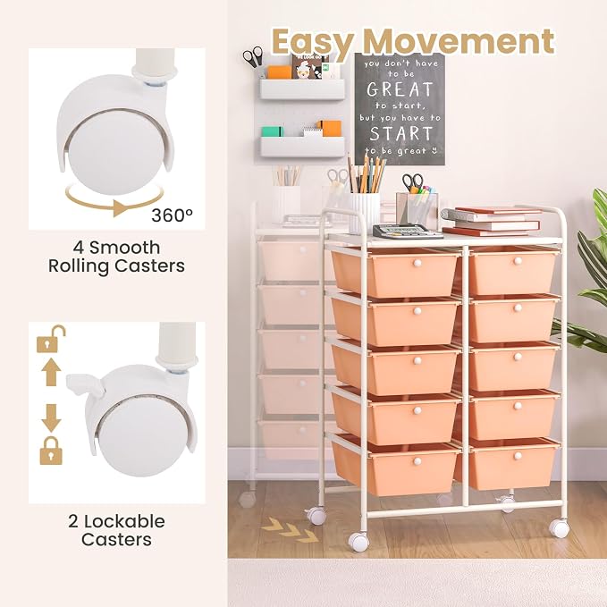 Moccha Rolling Cart with 10 Drawers - Under Desk Storage Drawers with wheels for Craft Art Supply Paper Salon, Under Desk Cabinet on Wheels, Multipurpose Movable Utility Cart for Classroom - Image 5