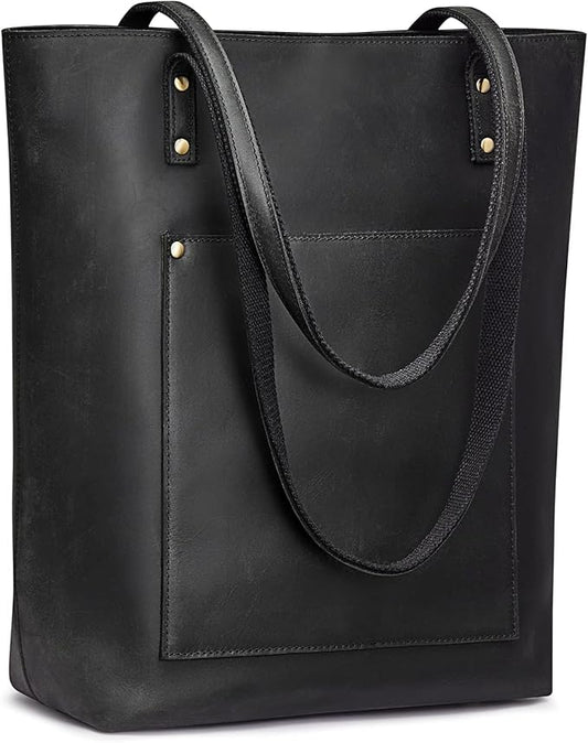 S-ZONE Leather Tote Bag for Women Work Handbag with Luggage Sleeve | Top Grain Genuine Leather, Padded Laptop Compartment, Multi Pockets, Large Retro Purse, Travel Everyday by S-ZONE