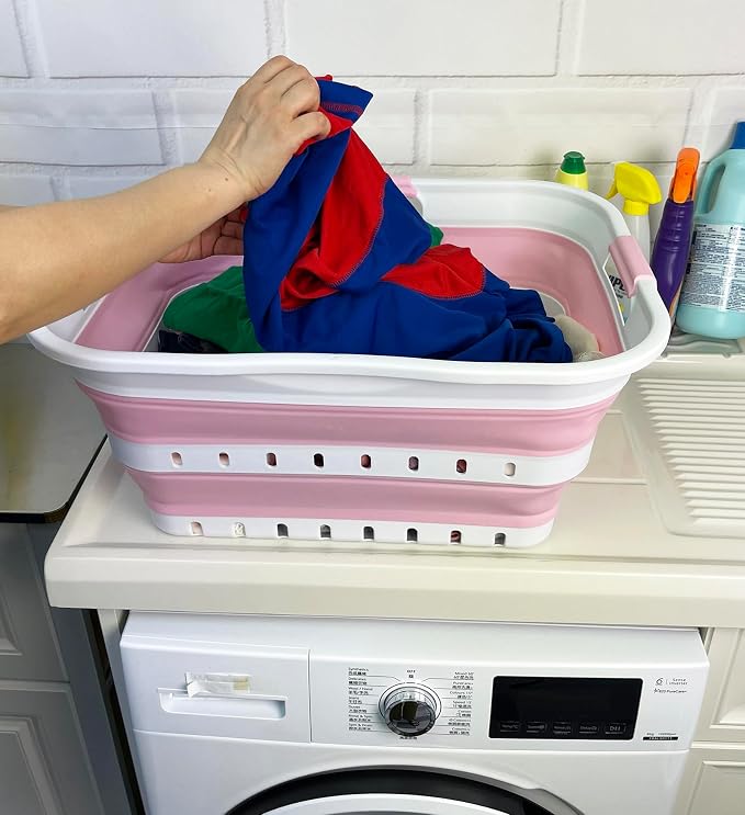 SAMMART 42 (11 Gallons) Collapsible Plastic Laundry Basket, Foldable Pop Up Storage Container/Organizer, Space Saving Hamper, Portable Bin for Dorm Room Bathroom (2, White/Cherry Pink) - Image 3