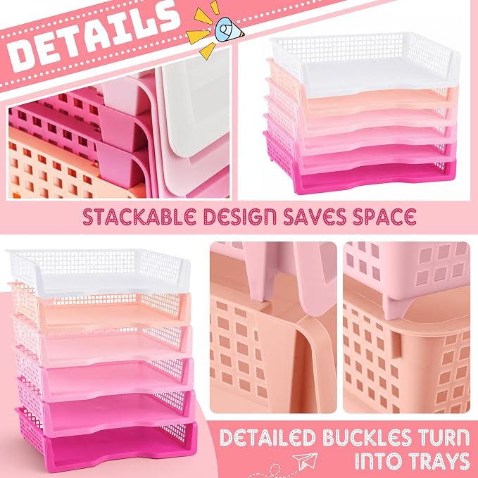 Teenyyou Set of 12 Colorful Turn in Trays Classroom Plastic Stackable Paper Tray Classroom Teachers Desk Organizer Bin for Office Home Teachers Organization and Storage, 9 x 13 x 3 Inches (Pink) - Image 4