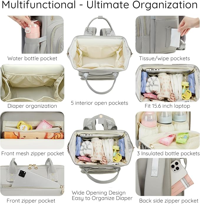 AIJIEKE Large Diaper Bag Backpack, Extra Wide Travel Diaper Bag, Gray | Multi-functional waterproof maternity bag. Changing pad, stroller straps, insulated wet/dry pocket. Mom, dad, toddler travel - Image 2
