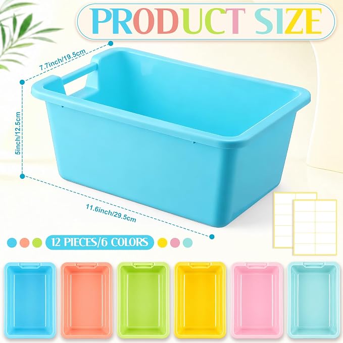Thyle 12 Pieces Plastic Cubby Bins with Labels 11.6 x 7.7 x 5 Inch Classroom Book Bins Stacking Storage Container Organizer Storage Cubbies for Classroom Office (Handle,Light Color) - Image 2