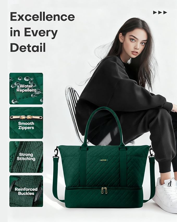 HOTOR Travel Duffel Bag - Weekender Bags for Women, Carry On Gym Tote Bags | with Toiletry Bag & Shoe Compartment, Overnight Bag for Travel Essentials, Travel Accessories, Dark Green, 15.8"×18.1"×8.7" - Image 7