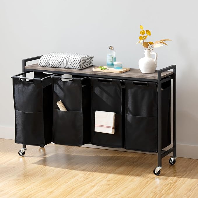 HOOBRO Laundry Sorter 4 Sections, Laundry Hamper with Wheels, 4 × 10.5 Gal (39.8L), Rolling Laundry Basket, Pull-Out and Removable Oxford Fabric Bags, Greige and Black BG04XY01 - Image 8