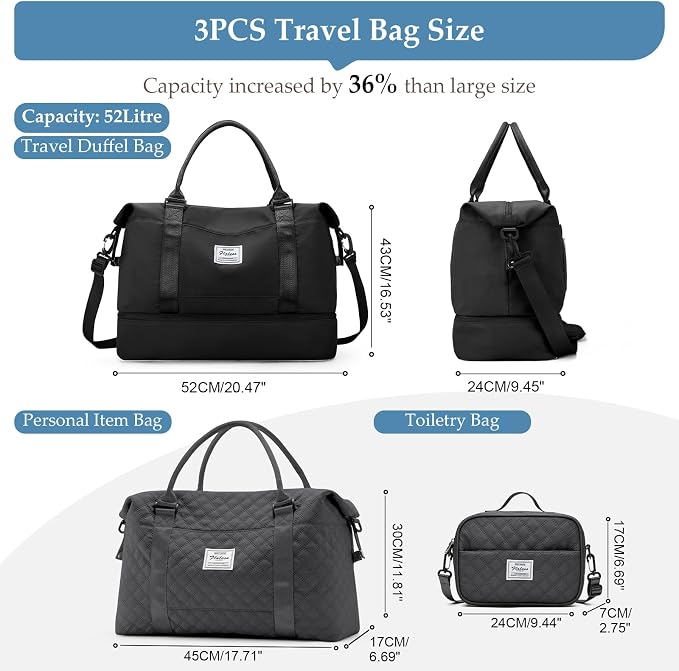 Weekender Bags for Women,Personal Item Travel Bag with Shoes Compartment | Overnight Travel Duffel Bag with Grid Travel Set,Carry-On Bag,3 Pcs Set,Extra Large - Image 4