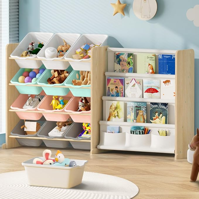 EXPERLAM Kids Toy Storage Organizer with Bookshelf - 12 Multi-Color Bins and 4 Book Shelves, Organizers and Storage for Playroom, Nursery, Room, Burlywood by EXPERLAM
