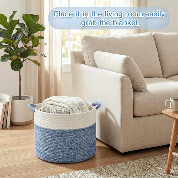 Artfeel 70L Large Cotton Rope Basket, Decorative Woven Blanket Storage for Living Room, Boho Toy Storage & Toy Box for Kids, Versatile Laundry Basket & Nursery Hamper for Blankets(DenimBlue) - Image 2