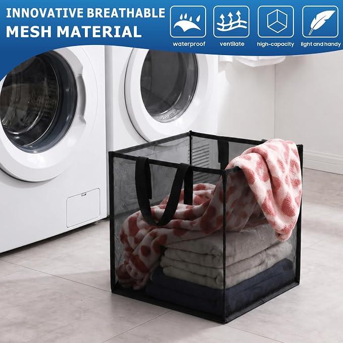 2 Pack Mesh Pop Up Laundry Basket with Handles 32L Portable and Foldable Laundry Hamper Washing Baskets for Tidy Storage Clothes Toys (1 Pack Grey+1 Pack Black) - Image 3
