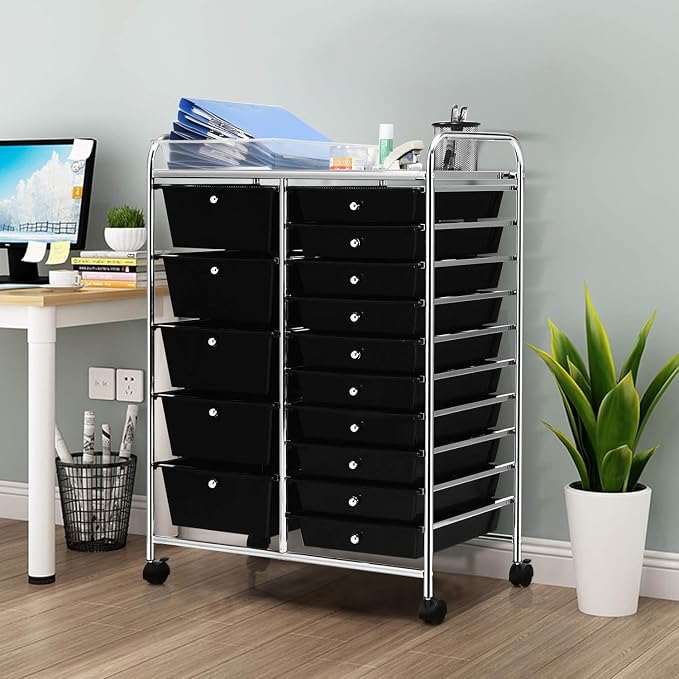 15 Drawer Rolling Storage Cart, Rolling Cart with Drawers for Classroom, Art Supply Craft Organizer on Wheel with Metal Frame & Handles for Home Office School - Image 8