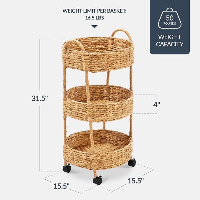 Best Choice Products 3-Tier Round Rolling Nursery Caddy w/Wheels, Handwoven Utility Cart, Storage Organization for Bathroom, Craft Room, Laundry Room - Natural - Image 2
