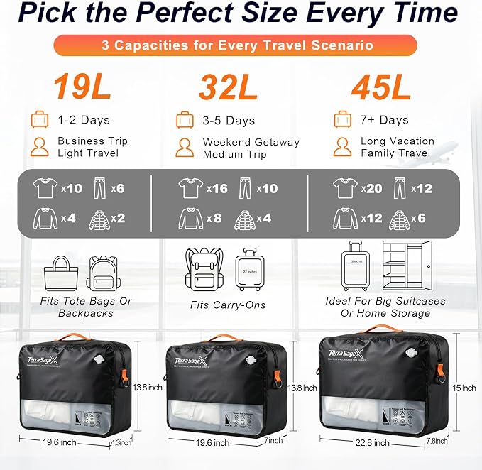 Travel Vacuum Bags with Pump, Space Saver Compression Storage Bags for Luggage & Suitcase, Clear Viewing Window, Reusable Vacuum Seal Bags for Clothes, Bedding & Travel (19L+45L, 1 Set) - Image 6