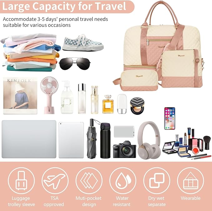 3PCS Weekender Bags for Women Large Overnight Bag, Pink Beige | Weekender Travel Duffel Bags Carry on Shoulder with Shoe Compartment Toiletry Bag Satchel Bag for Travelling Business Gym - Image 7