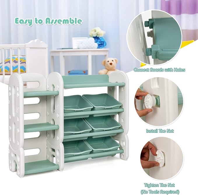 Costzon Toy Storage Organizer, 4-Tier Toy Shelf w/ 6 Removable Plastic Bins for Books Toys, Toddler Toy Bookcase Toy Rack for Playroom, Kids Room, Bedroom, Daycare, Nursery - Image 4